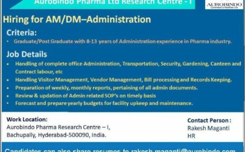 Aurobindo Pharma Ltd hiring AM/ DM – Administration