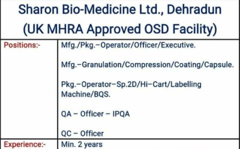 Jobs for Manufacturing, Packing, QA, QC at Sharon Bio-Medicine Ltd