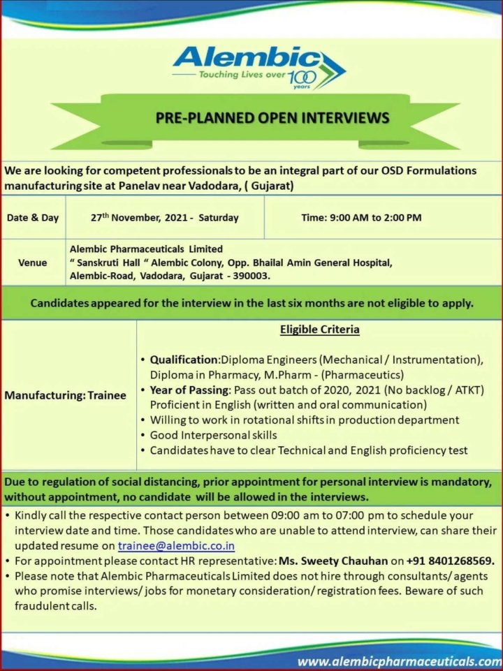 Alembic Pharmaceuticals Walk-in for Freshers on 27th Nov 2021