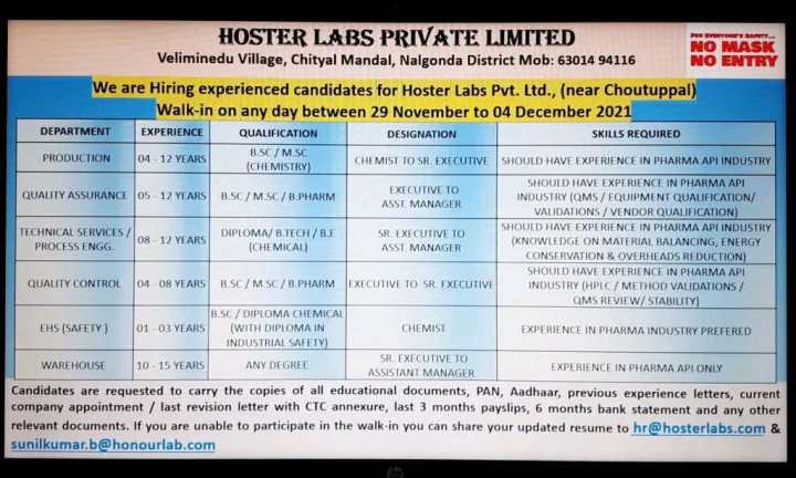 Hoster Labs Pvt Ltd Walk-in for Production, QA, QC, Warehouse, EHS, Technical Services, Process Engineering on 29th Nov to 4th Dec 2021