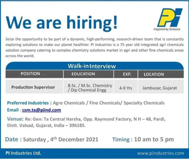 PI Industries Walk-in for Production on 4th Dec 2021