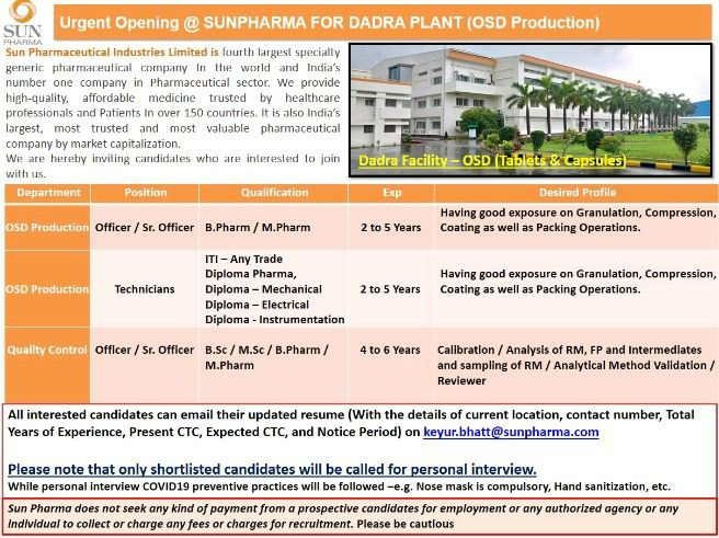 Sun Pharma Industries Ltd job openings for Production, QC