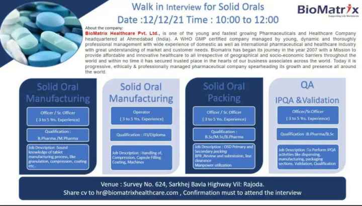 Biomatrix Health Care Walk-in for Manufacturing, Packing, QA on 12th Dec 2021
