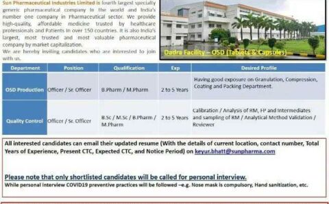 Sun Pharma Industries Ltd Job openings for Production/ QC departments