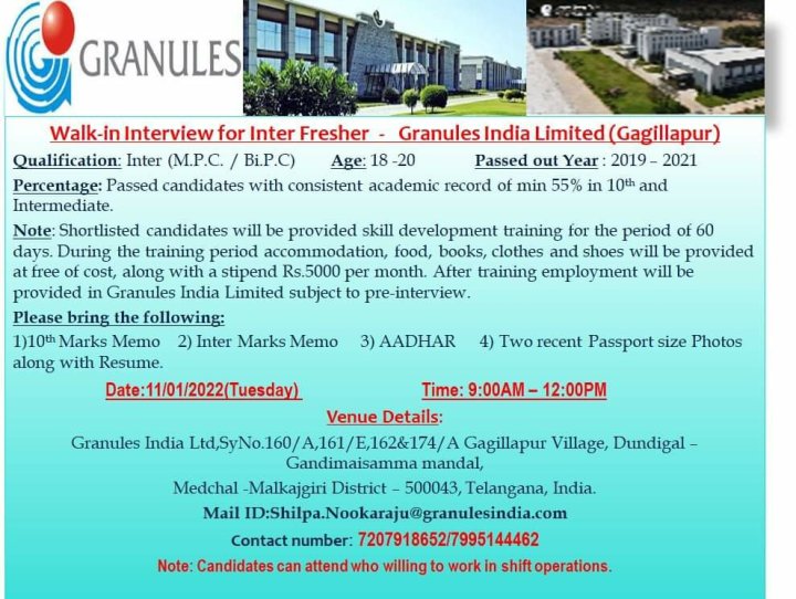 Walk-in interview for Inter/ BSc/ BCom Freshers on 11th & 12th Jan 2022 at Granules India Ltd