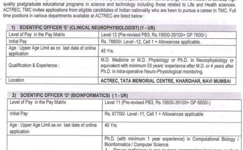 ACTREC Scientific Officer Job Openings in Neurophysiology/Bioinformatics