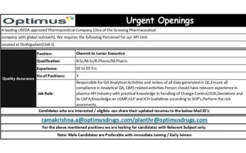 Optimus Drugs Job openings for BSc, MSc, B Pharm, M Pharm – QA department