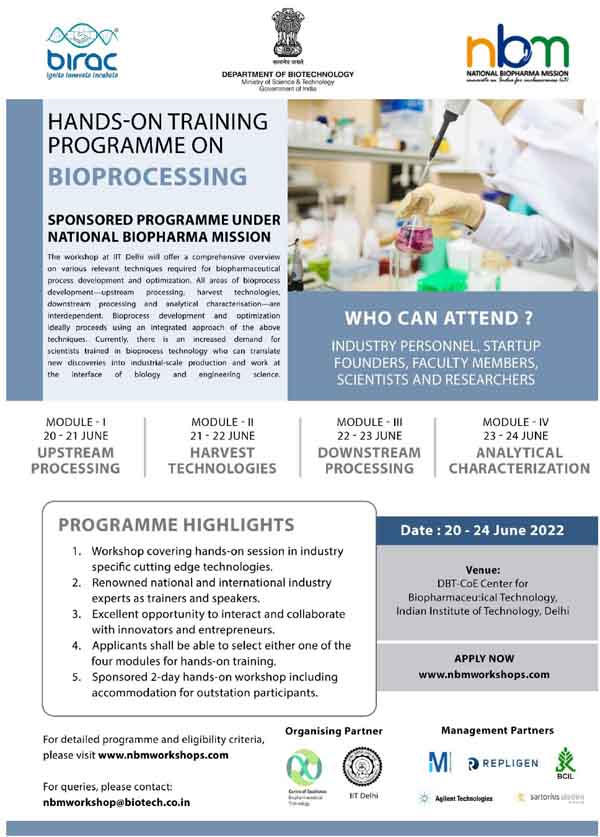 IITD Hands-on Training Programme on Bioprocessing | June 20 – 24, 2022