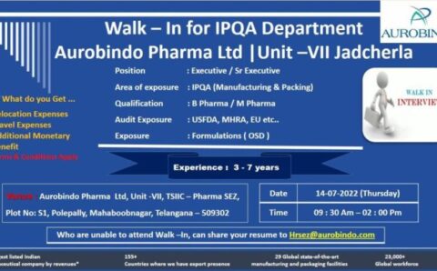 Aurobindo Pharma Ltd – Walk-in interviews on 14th July 2022