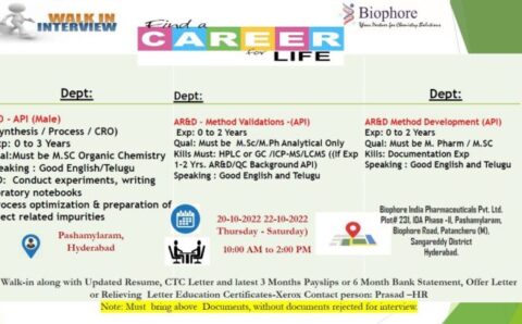 Biophore India – Walk-in interview for Freshers & Experienced in R&D/ AR&D on 21st – 22nd Oct 2022