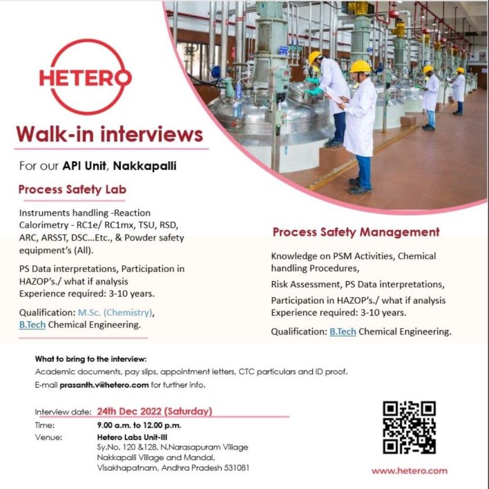 Hetero Labs Ltd – Walk-in for Process Safety Lab/ Process Safety Management on 24th Dec 2022 @ Vizag