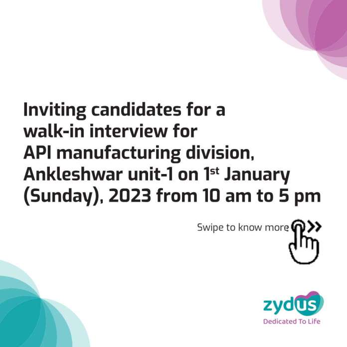 Zydus Lifesciences inviting applications for Production department | Walk-in interview on 1st Jan 2023