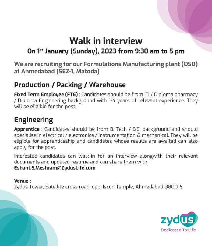 Zydus Lifesciences – Walk-in interview for Production/ Packing/ Warehouse/ Engineering on 1st Jan 2023