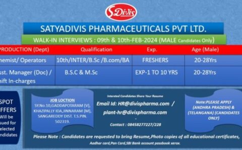 Satyadivis Pharmaceutical walk-in interview for Freshers and Experienced on 9th & 10th Feb 2024