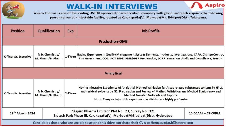 Aspiro Pharma Ltd walk-in interview on 16th Mar 2024 for Production/ Analytical departments