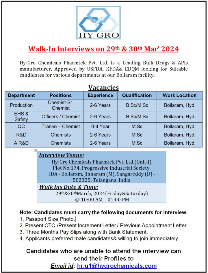 Hy-Gro Chemicals walk-in interview for Production, QC, R&D, AR&D, Safety, EHS on 29th & 30th Mar 2024