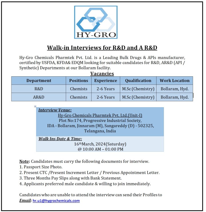 Hy-Gro Chemicals walk-in interview for R&D/ AR&D on 16th Mar 2024