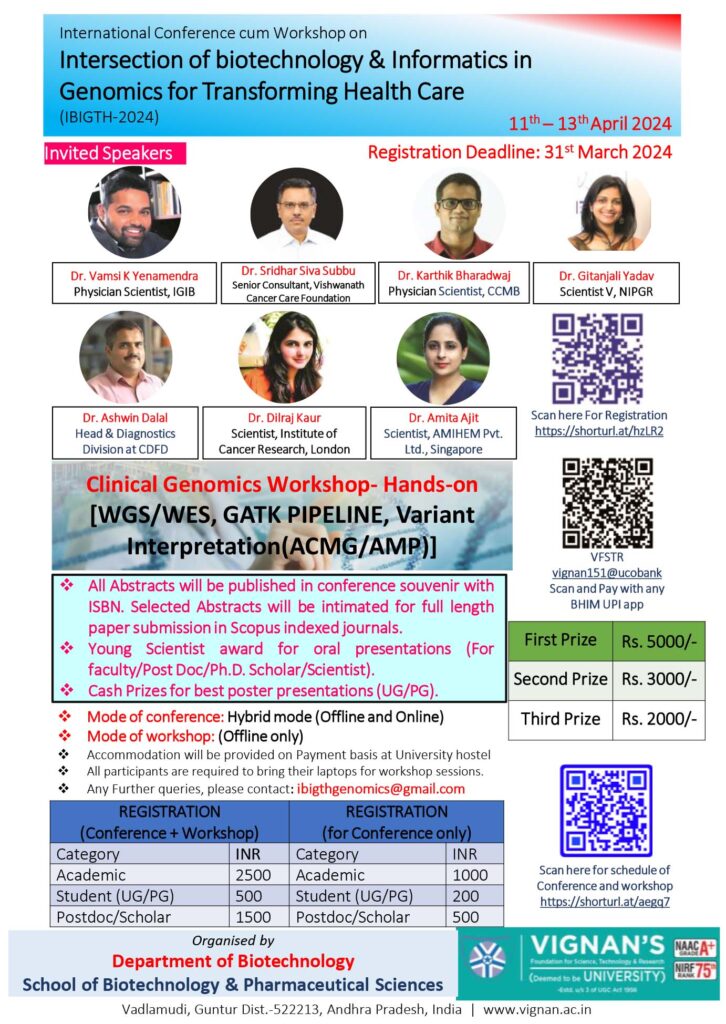 IBIGTH-2024 | International Conference cum Workshop on Intersection of Biotechnology & Informatics in Genomics for Transforming Health Care | 11-13 April 2024