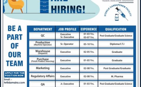 Job vacancy for Production, QA, QC, RA, Purchase, Warehouse, Marketing departments at Damaira Pharmaceuticals