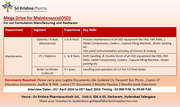 Sri Krishna Pharmaceuticals walk-in interviews on 1st – 3rd April 2024