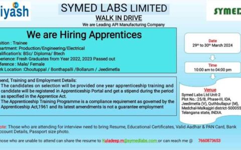 Symed Labs Limited walk-in interview for Freshers on 29th & 30th Mar 2024