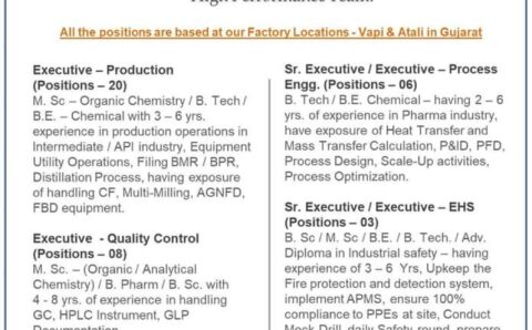 Aarti Pharmalabs walk-in interview for Production, QA, QC, EHS, Process Engineering, Instrumentation on 13th & 14th Apr 2024