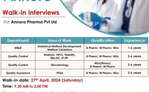 Annora Pharma walk-in interview for QA/ QC/ AR&D on 27th Apr 2024