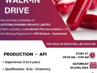 Apitoria Pharma (Aurobindo) walk-in interview for Freshers and Experience on 20th Apr 2024