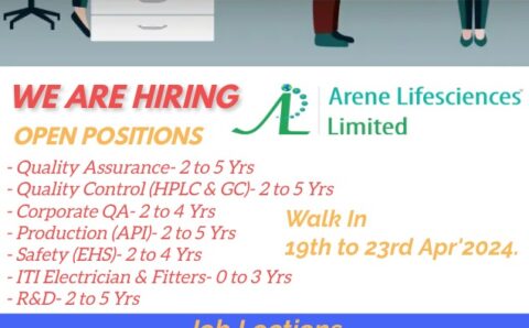 Arene Lifesciences walk-in interview for Production, QA, QC, CQA, R&D, Safety (EHS), Maintenance on 19th – 23rd Apr 2024