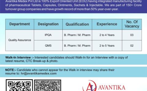 Avantika Medex Pvt Ltd walk-in interviews on 14th Apr 2024