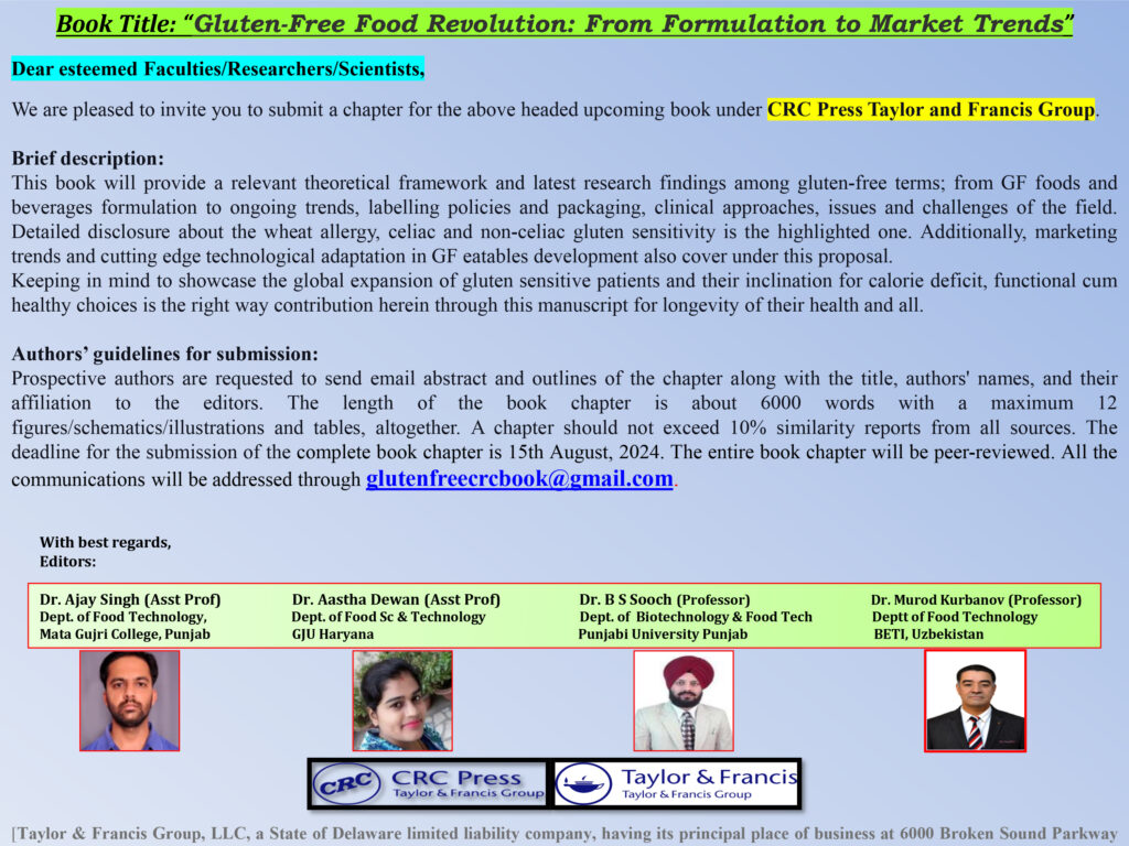 Call for Book Chapter proposal | Book Title: “Gluten-Free Food Revolution: From Formulation to Market Trends”