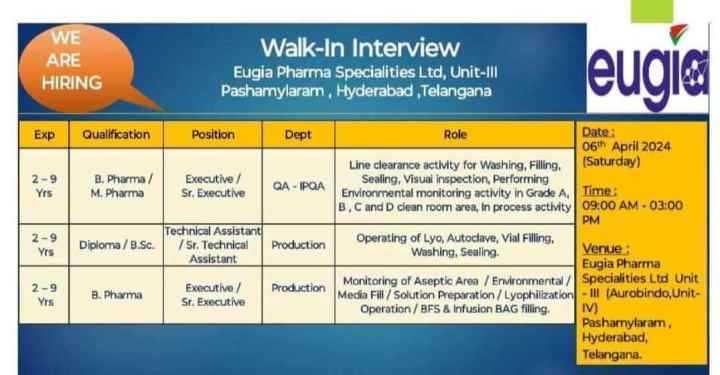 Eugia Pharma (Aurobindo) walk-in interview for Production, QA on 6th Apr 2024