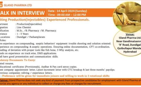 Gland Pharma Ltd walk-in interviews on 14th Apr 2024 | M.Sc/ B Pharm/ M Pharm candidates can attend