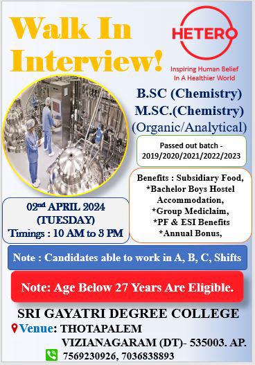 Hetero Labs walk-in interview for Freshers on 2nd April 2024