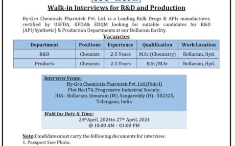 Hy-Gro chemicals walk-in interview for Production, R&D on 24th – 27th Apr 2024