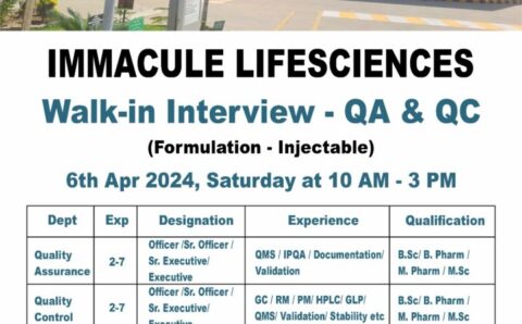Immacule Lifesciences walk-in interview for QA/ QC on 6th Apr 2024