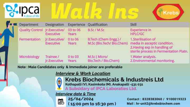 Krebs Biochemicals (IPCA Labs) walk-in interview for Freshers and Experience in QC/ Microbiology/ Fermentation on 25th Apr 2024