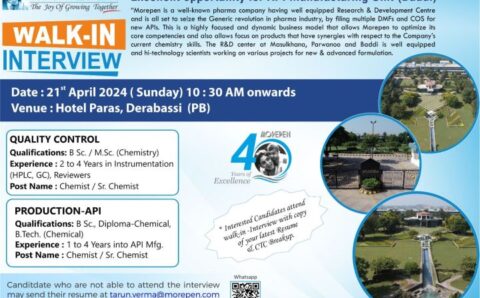 Morepen Laboratories walk-in interview for Production/ QC on 21st Apr 2024