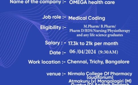 Omega Healthcare walk-in interview on 6th Apr 2024 | M.Pharm/B.Pharm/ Pharm.D / BDS / Nursing / Physiotherapy and any life science graduates can attend