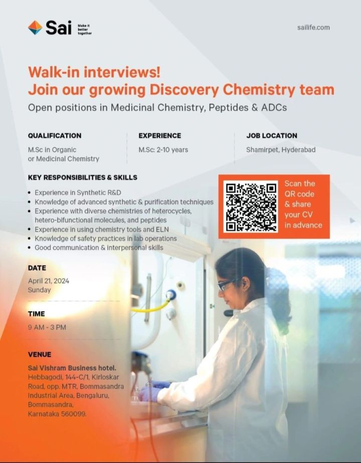 Sai Lifesciences walk-in interviews on 21st Apr 2024
