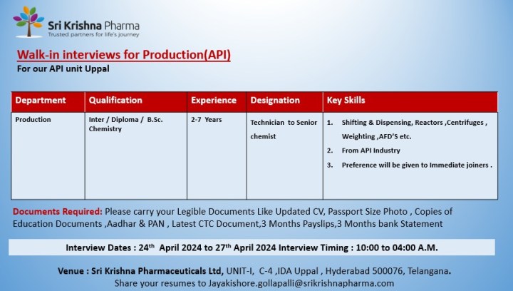 Sri Krishna Pharmaceuticals walk-in interview for Production department on 25th – 27th Apr 2024