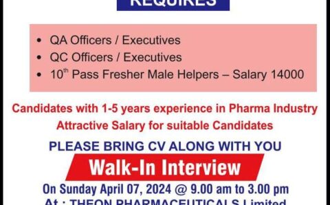 Theon Pharmaceuticals walk-in interview for QA/ QC & 10th Freshers on 7th Apr 2024